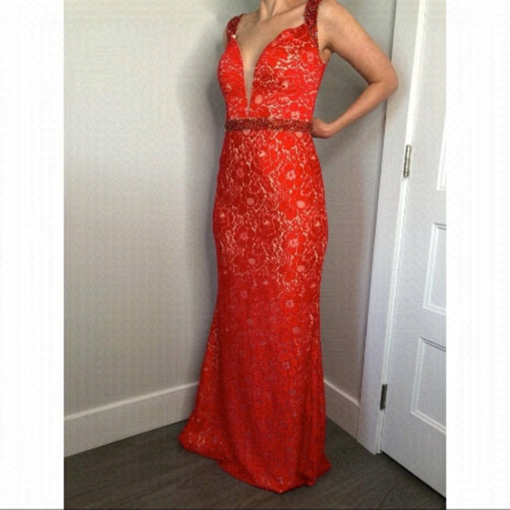 Fengye Loman Red Beaded Lace Floor Length Prom Dress 8
